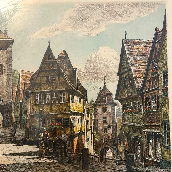 Antique Original Etching of Rothenburg Plonlein by Heiner Krasser. Pencil Signed - Picture 4 of 8